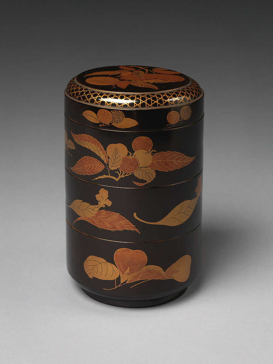 Cylindrical Stack of Food Boxes with Decoration of Autumn Fruits, Gold maki-e on black lacquer, Japan