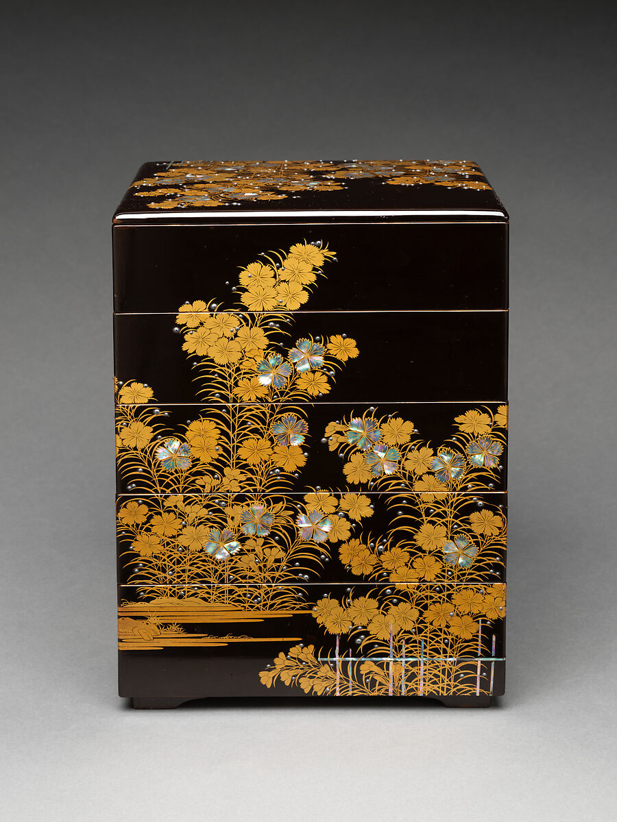 Five-tiered picnic box with design of wild pinks, Gold maki-e, inlaid mother-of-pearl, and applied silver on black lacquer, Japan