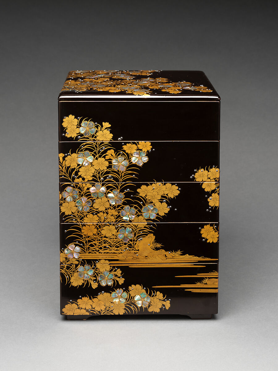 Five-tiered picnic box with design of wild pinks, Gold maki-e, inlaid mother-of-pearl, and applied silver on black lacquer, Japan