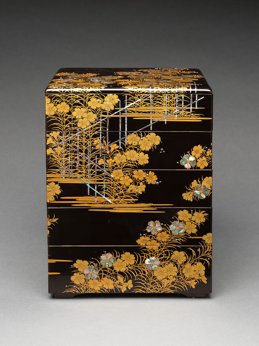 Five-tiered picnic box with design of wild pinks, Gold maki-e, inlaid mother-of-pearl, and applied silver on black lacquer, Japan