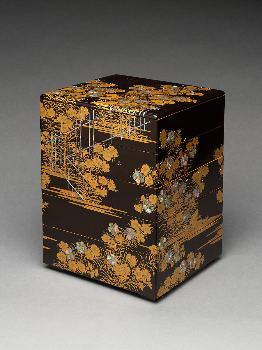 Five-tiered picnic box with design of wild pinks, Japan, Edo period  (1615–1868)