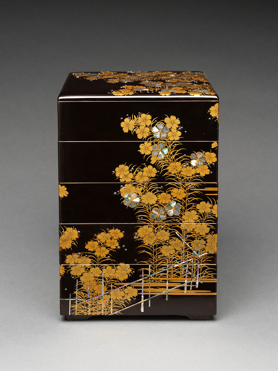 Five-tiered picnic box with design of wild pinks, Gold maki-e, inlaid mother-of-pearl, and applied silver on black lacquer, Japan