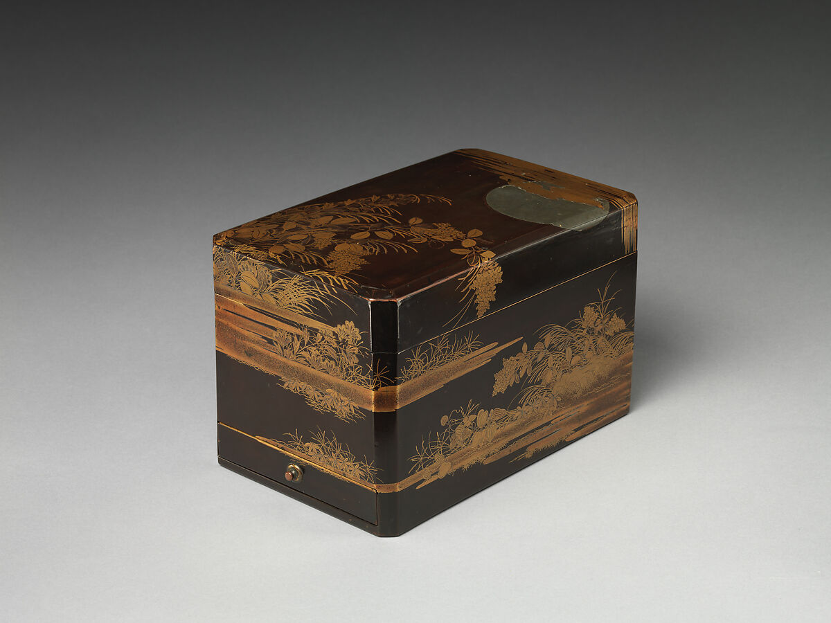 Portable Stationery and Cosmetic Box (Tabi kushi-bako) with Moon and Autumn Grasses, Lacquered wood with gold and silver togidashimaki-e, hiramaki-e, e-nashiji, and pewter inlay, Japan 