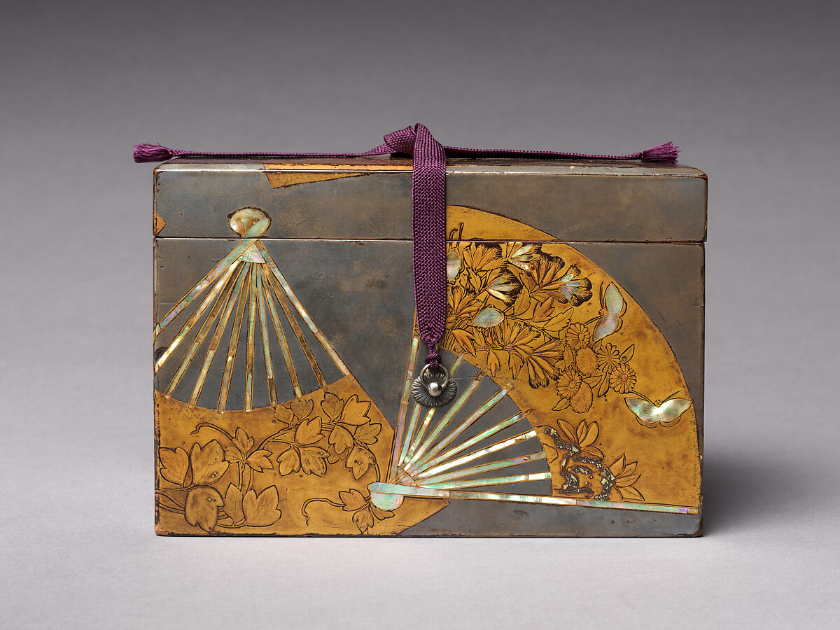 Rectangular box with decoration of scattered fans, Gold and silver makie with mother-of-pearl inlay, Japan