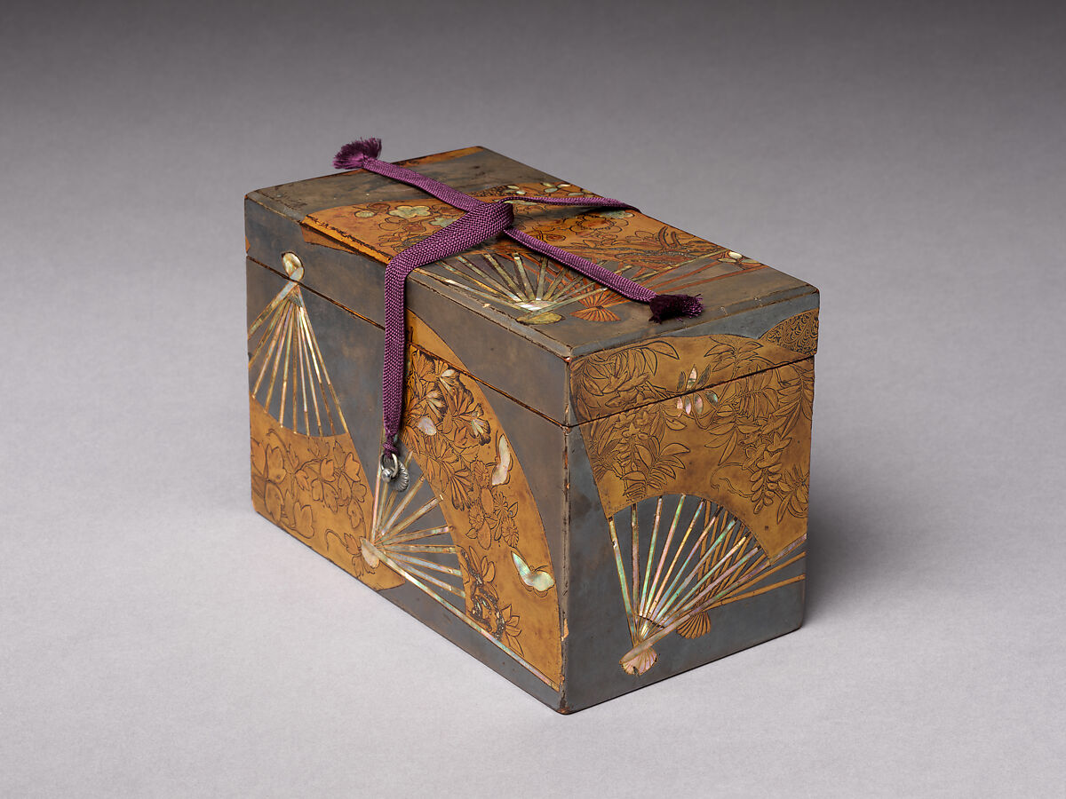 Rectangular box with decoration of scattered fans, Gold and silver makie with mother-of-pearl inlay, Japan 
