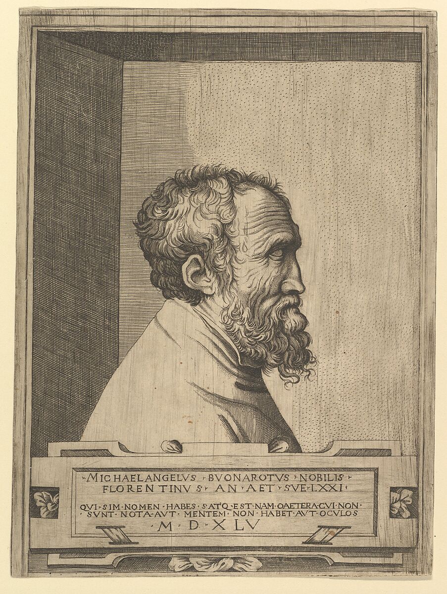 Portrait of Michelangelo in profile facing right set within a recess, Attributed to Enea Vico (Italian, Parma 1523–1567 Ferrara), Engraving 
