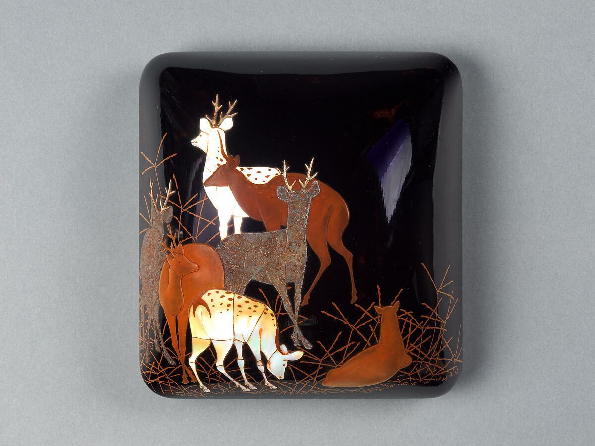 Writing box with decoration of seven deer in autumn grasses, Gold maki-e, inlaid mother-of-pearl, and lead on black lacquer, Japan