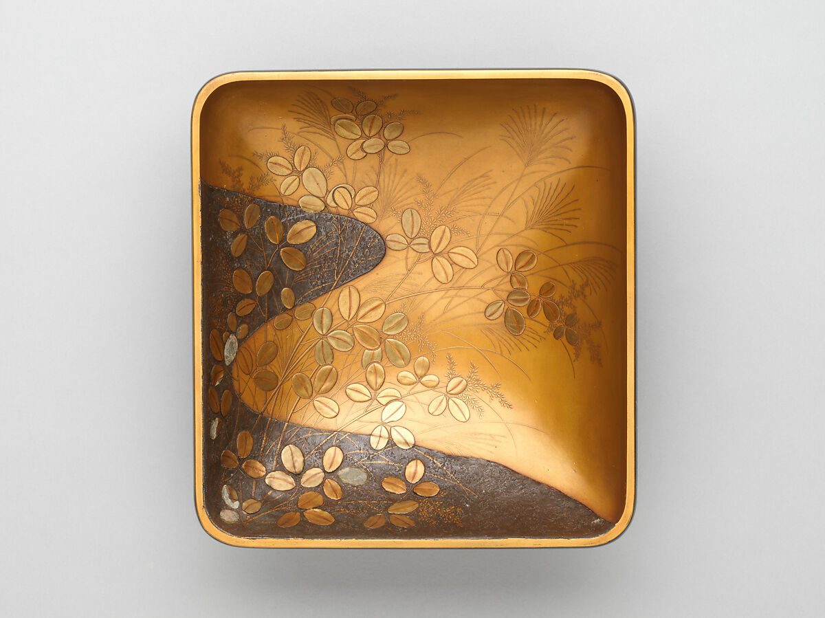 Writing box with decoration of seven deer in autumn grasses, Gold maki-e, inlaid mother-of-pearl, and lead on black lacquer, Japan