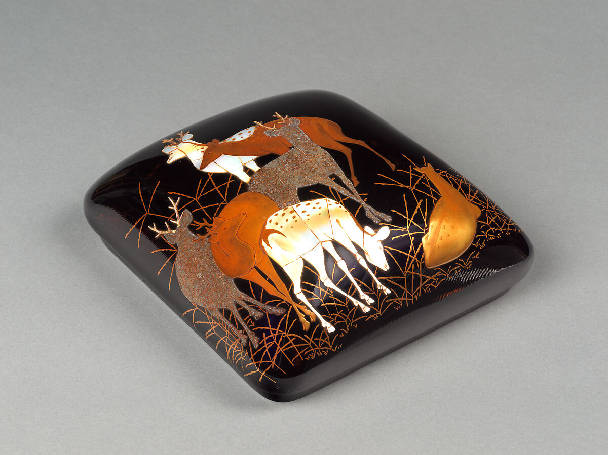 Writing box with decoration of seven deer in autumn grasses, Gold maki-e, inlaid mother-of-pearl, and lead on black lacquer, Japan 