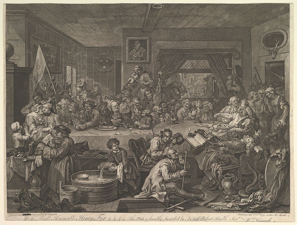 An Election Entertainment, Plate I: Four Prints of an Election, William Hogarth (British, London 1697–1764 London), Etching and engraving; eighth state of eight 