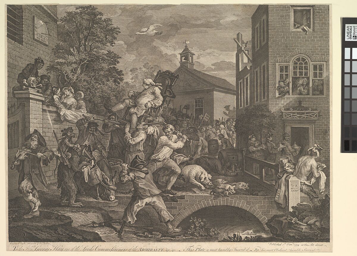 Chairing the Members, Plate IV: Four Prints of an Election, William Hogarth (British, London 1697–1764 London), Etching and engraving; third state of three 