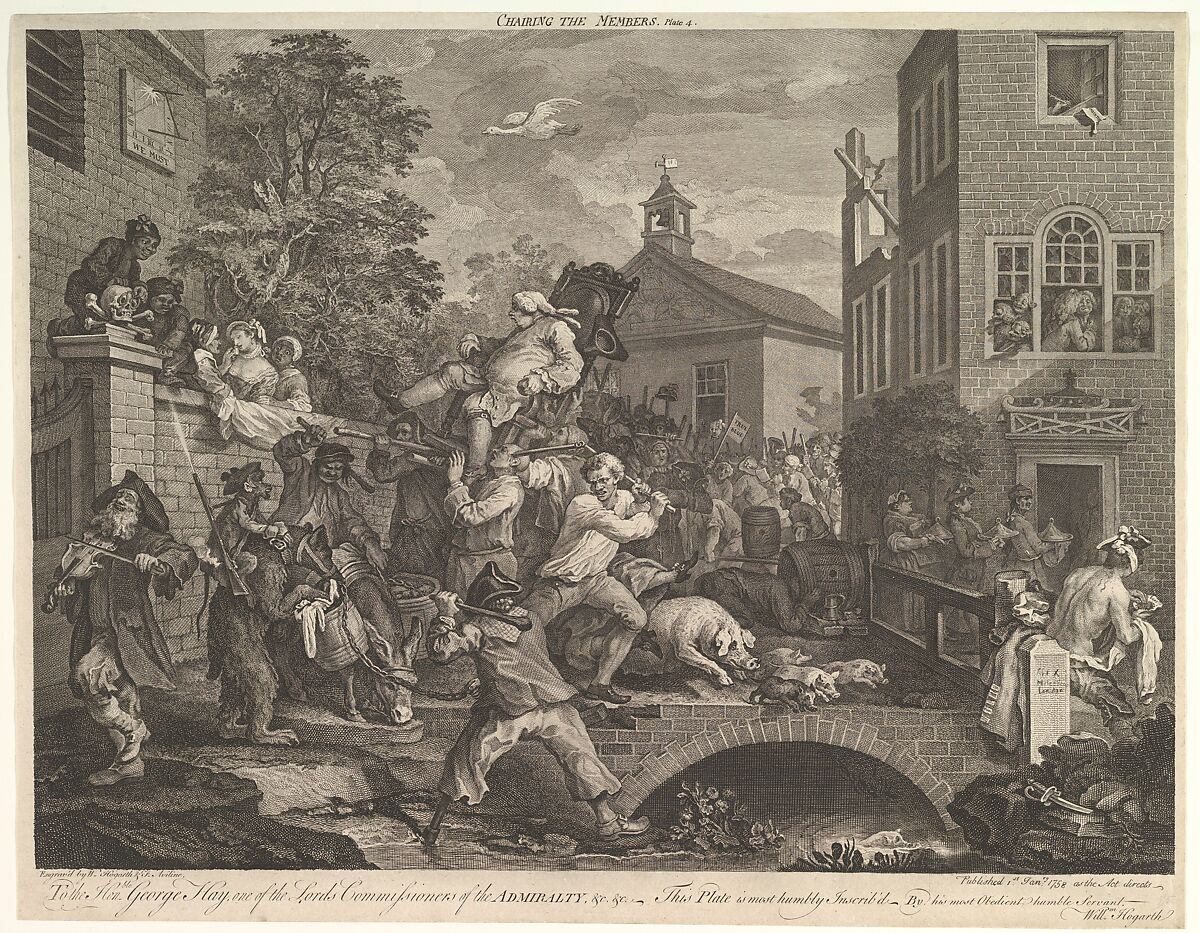 Chairing the Members, Plate IV: Four Prints of an Election, William Hogarth (British, London 1697–1764 London), Etching and engraving; third state of three 