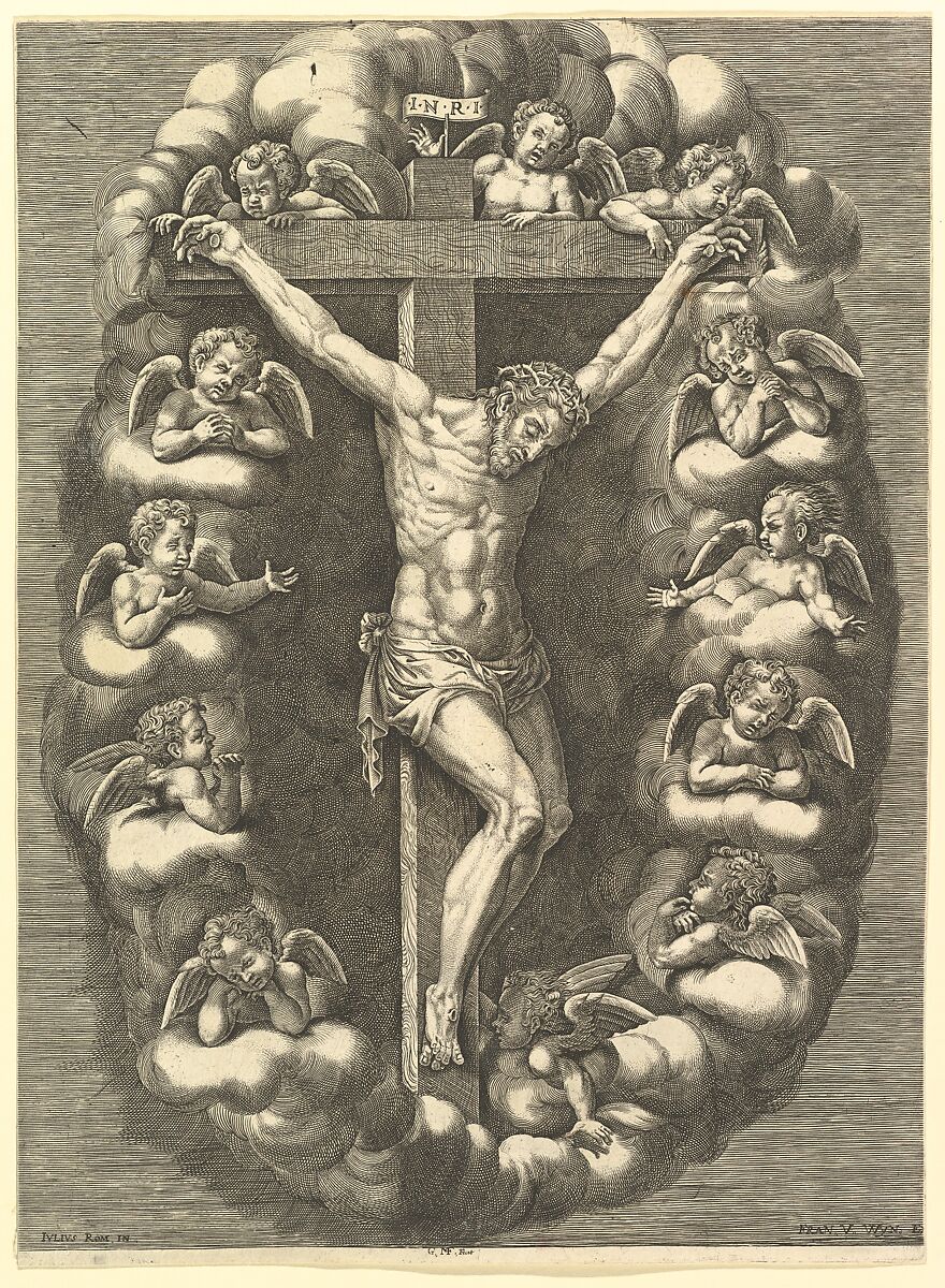 The Crucified Christ Surrounded by Mourning Angels, Anonymous, Italian, 16th century, Engraving 