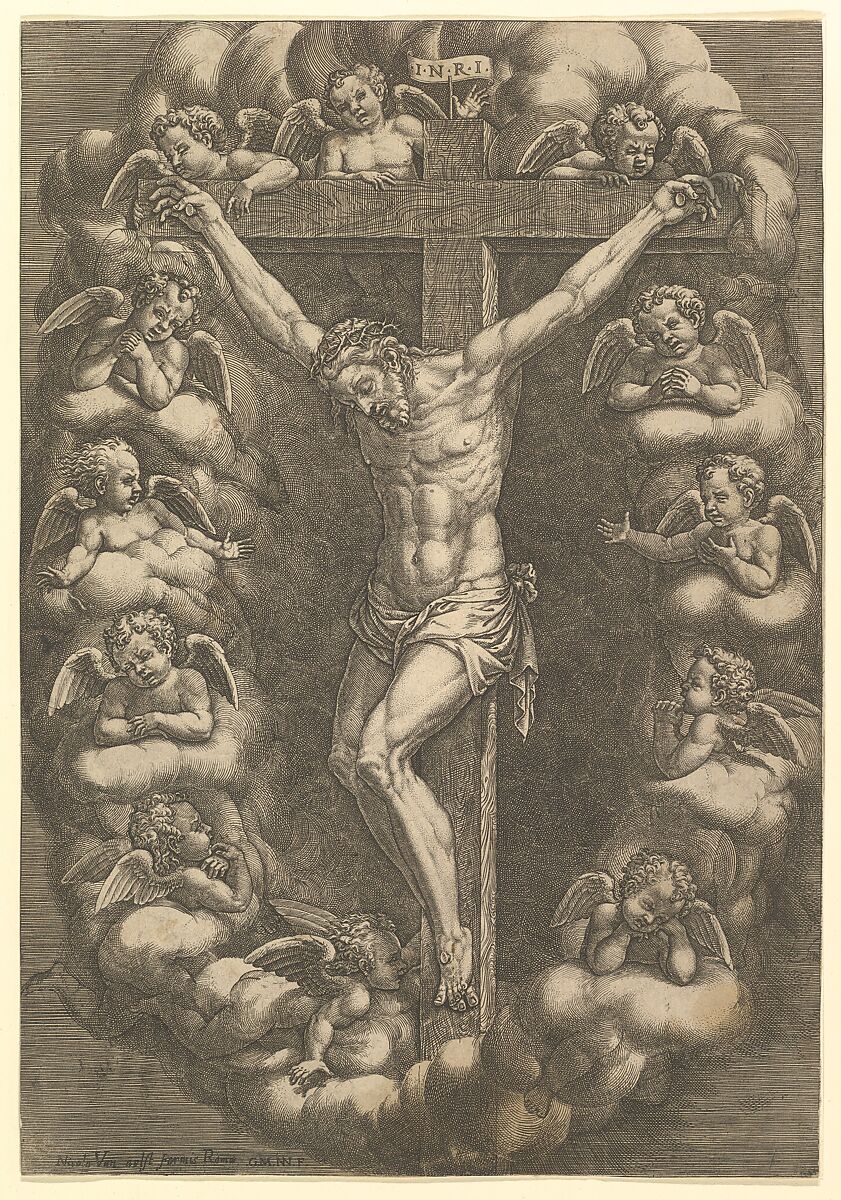 Christ crucified surrounded by mourning angels, Giorgio Ghisi (Italian, Mantua ca. 1520–1582 Mantua), Engraving 