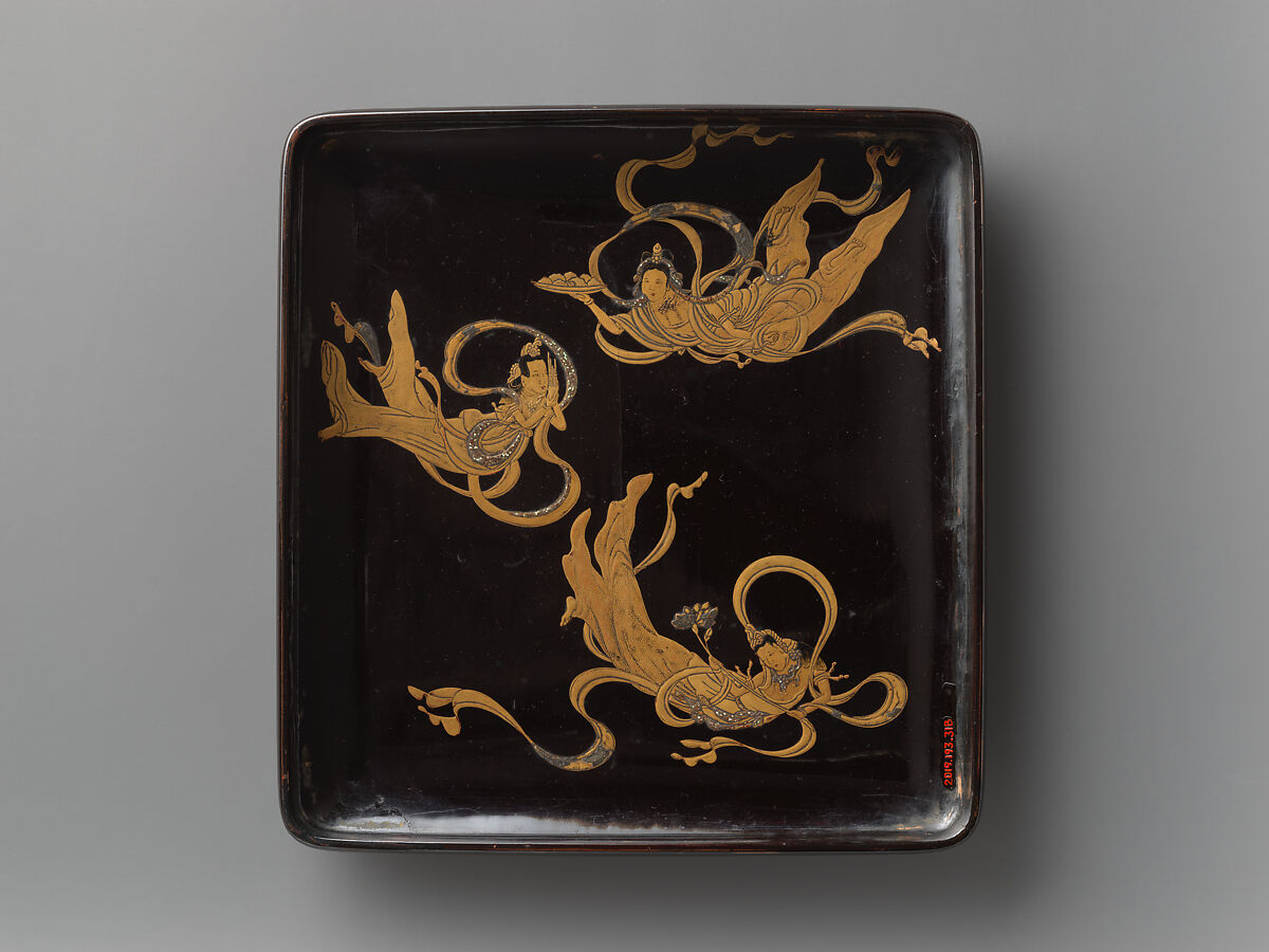 Box for writing implements with design of ancient coins, Gold and mixed metal makie with inlaid mother-of-pearl, on black lacquer, Japan