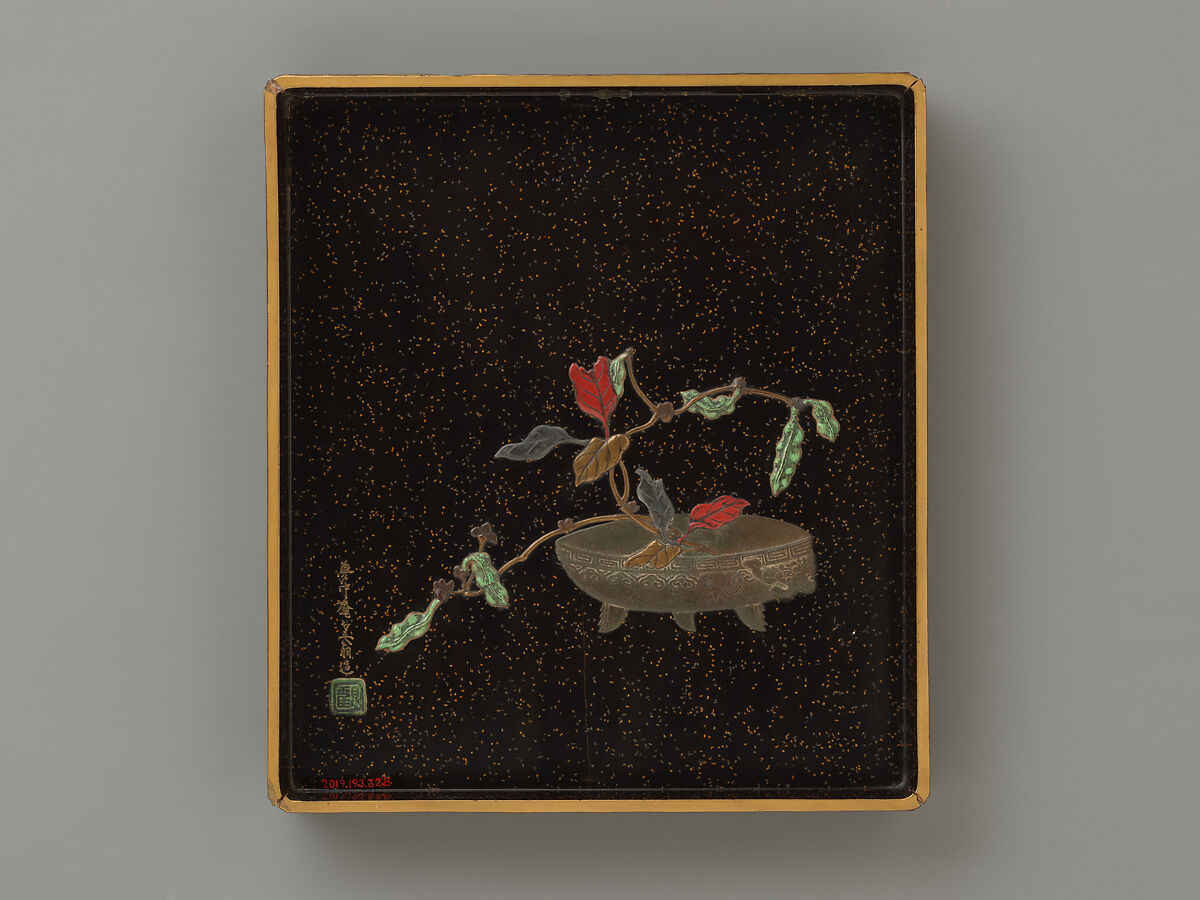Writing box with design of praying mantis, Ogawa Haritsu (Ritsuō) (Japanese, 1663–1747), Lacquer, enamel, pottery and bone on wood, Japan