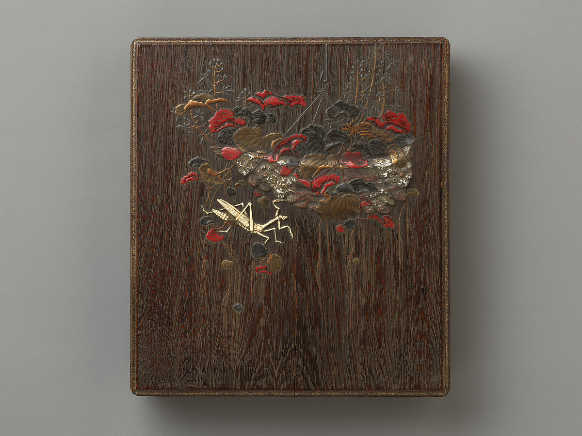 Writing box with design of praying mantis, Ogawa Haritsu (Ritsuō) (Japanese, 1663–1747), Lacquer, enamel, pottery and bone on wood, Japan