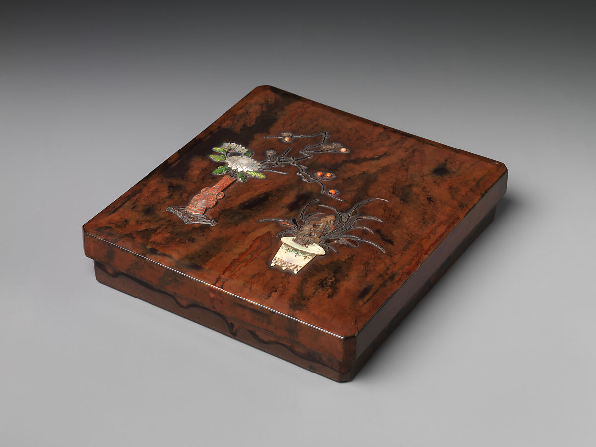 Writing Box with Design of Chinese-Style Flower Arrangement (Inside: Design of Geese), Style of Ogawa Haritsu (Ritsuō) (Japanese, 1663–1747), Gold maki-e on black lacquer, Japan 