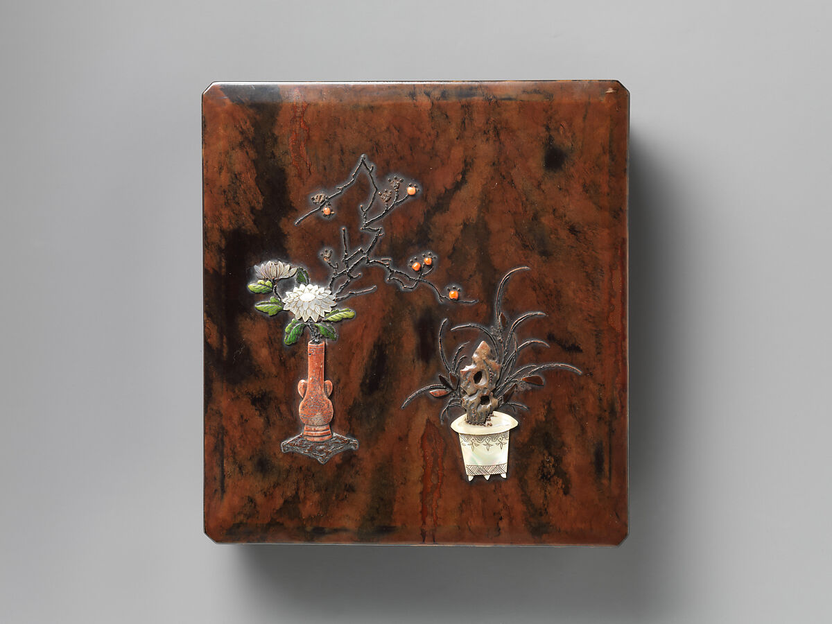 Writing Box with Design of Chinese-Style Flower Arrangement (Inside: Design of Geese), Style of Ogawa Haritsu (Ritsuō) (Japanese, 1663–1747), Gold maki-e on black lacquer, Japan