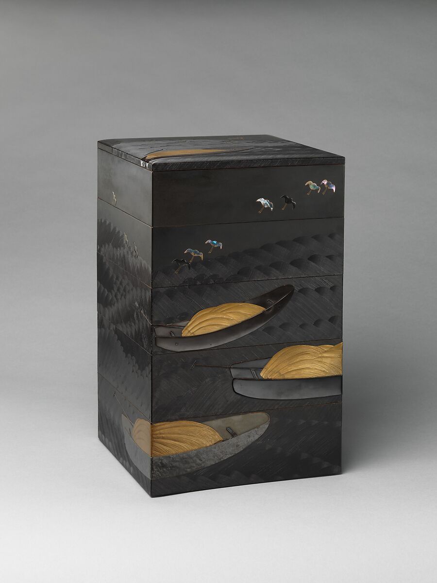 Tiered Box (Jūbako) with Design of Boats and Plovers, Shibata Zeshin (Japanese, 1807–1891), Gold maki-e on black and brown lacquer, with mother-of-pearl inlay and pewter, Japan 