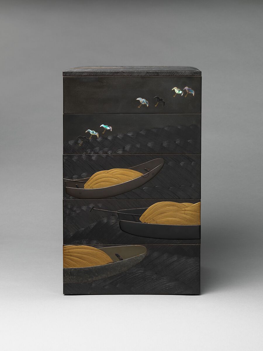 Tiered Box (Jūbako) with Design of Boats and Plovers, Shibata Zeshin (Japanese, 1807–1891), Gold maki-e on black and brown lacquer, with mother-of-pearl inlay and pewter, Japan