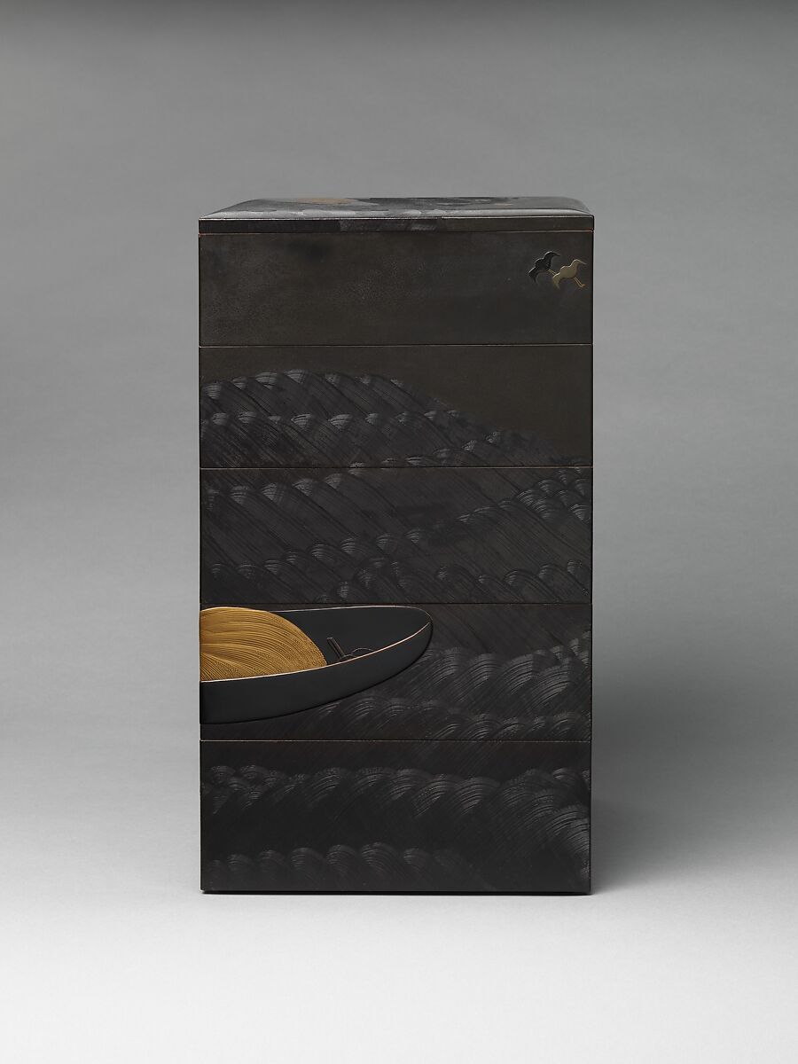 Tiered Box (Jūbako) with Design of Boats and Plovers, Shibata Zeshin (Japanese, 1807–1891), Gold maki-e on black and brown lacquer, with mother-of-pearl inlay and pewter, Japan
