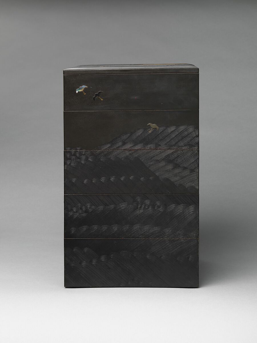 Tiered Box (Jūbako) with Design of Boats and Plovers, Shibata Zeshin (Japanese, 1807–1891), Gold maki-e on black and brown lacquer, with mother-of-pearl inlay and pewter, Japan