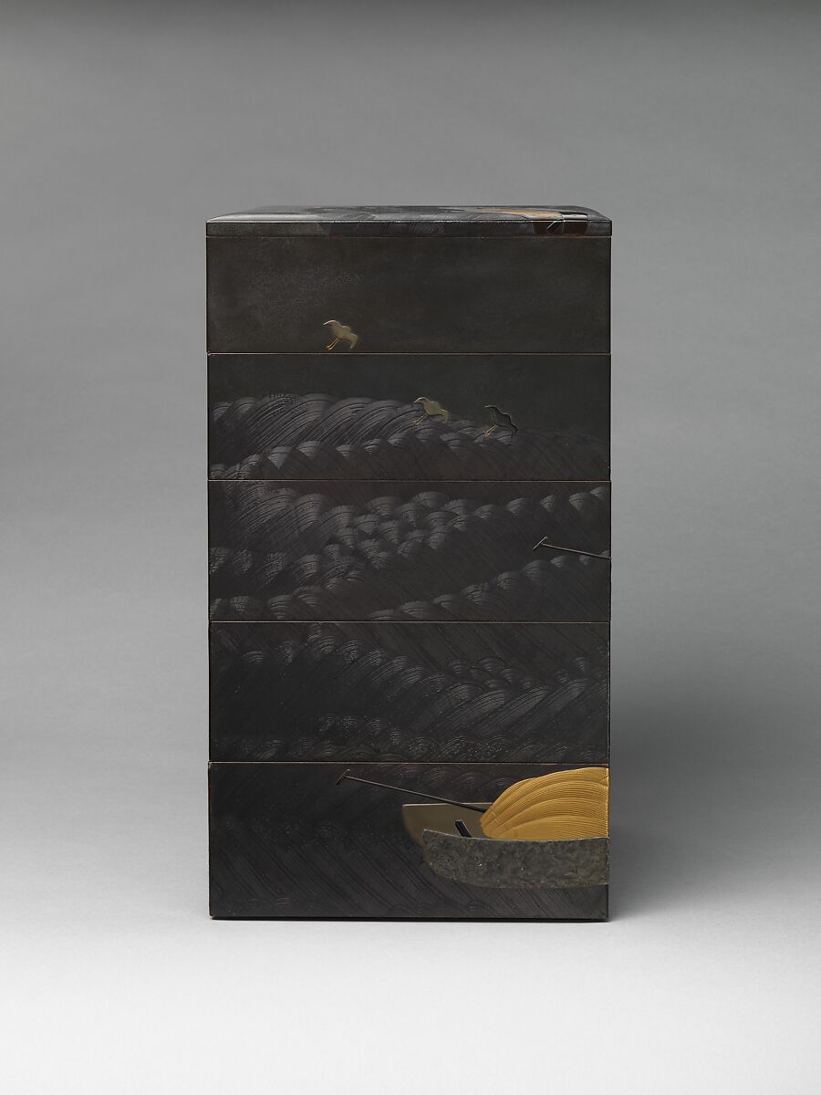 Tiered Box (Jūbako) with Design of Boats and Plovers, Shibata Zeshin (Japanese, 1807–1891), Gold maki-e on black and brown lacquer, with mother-of-pearl inlay and pewter, Japan