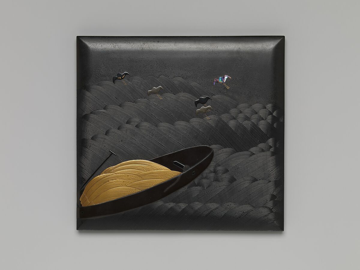 Tiered Box (Jūbako) with Design of Boats and Plovers, Shibata Zeshin (Japanese, 1807–1891), Gold maki-e on black and brown lacquer, with mother-of-pearl inlay and pewter, Japan