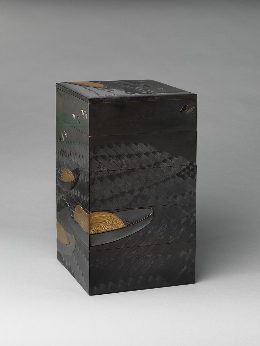 Tiered Box (Jūbako) with Design of Boats and Plovers, Shibata Zeshin (Japanese, 1807–1891), Gold maki-e on black and brown lacquer, with mother-of-pearl inlay and pewter, Japan