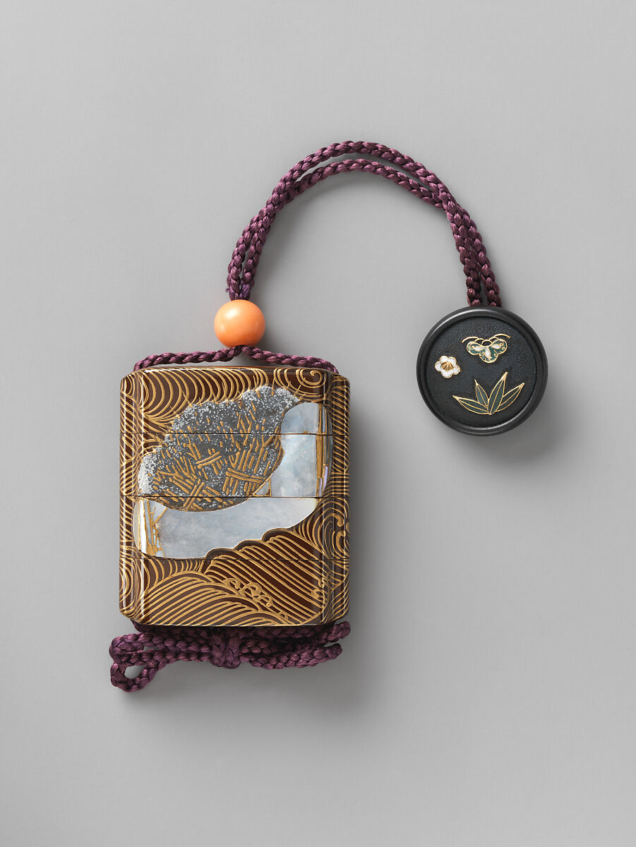 Miniature Inrō with Design of Firewood-laden Boats on Waves, Shibata Zeshin (Japanese, 1807–1891), Gold maki-e with mother-of-pearl inlay on black lacquer; netsuke of hardwood with cloisonne, Japan 