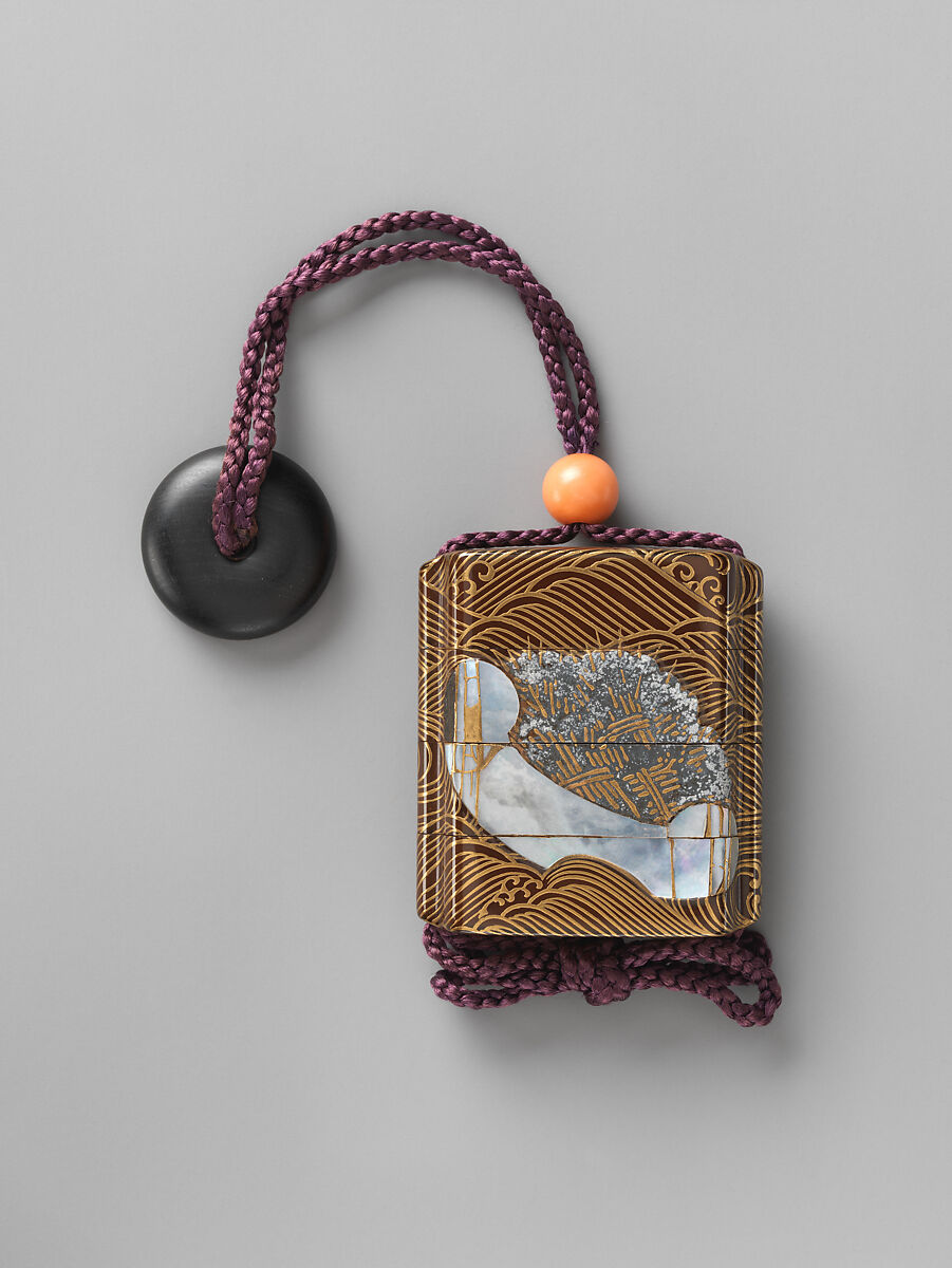 Miniature Inrō with Design of Firewood-laden Boats on Waves, Shibata Zeshin (Japanese, 1807–1891), Gold maki-e with mother-of-pearl inlay on black lacquer; netsuke of hardwood with cloisonne, Japan
