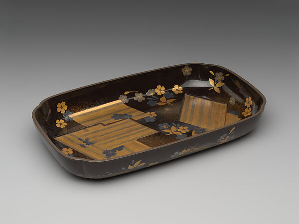 Tray with decoration of cherry blossoms and floating rafts, Gold and silver maki-e on black lacquer, Japan 