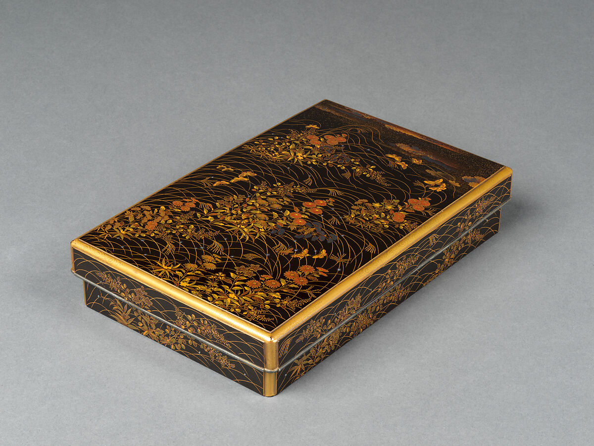 Writing Box with Matching Poem Card Box, Gold and silver makie with colored lacquers and silver inlay on black lacquer, Japan