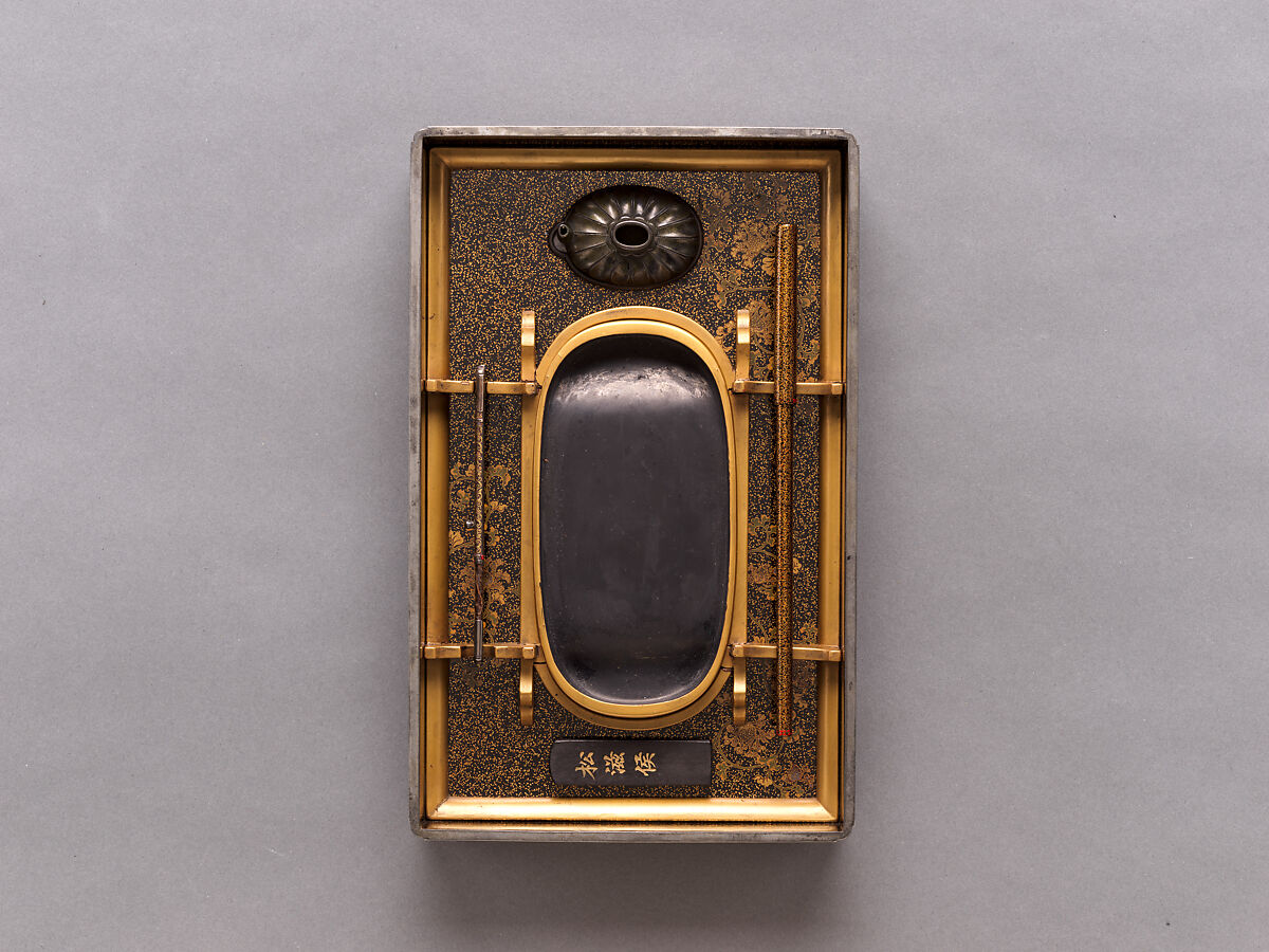 Writing Box with Matching Poem Card Box, Gold and silver makie with colored lacquers and silver inlay on black lacquer, Japan