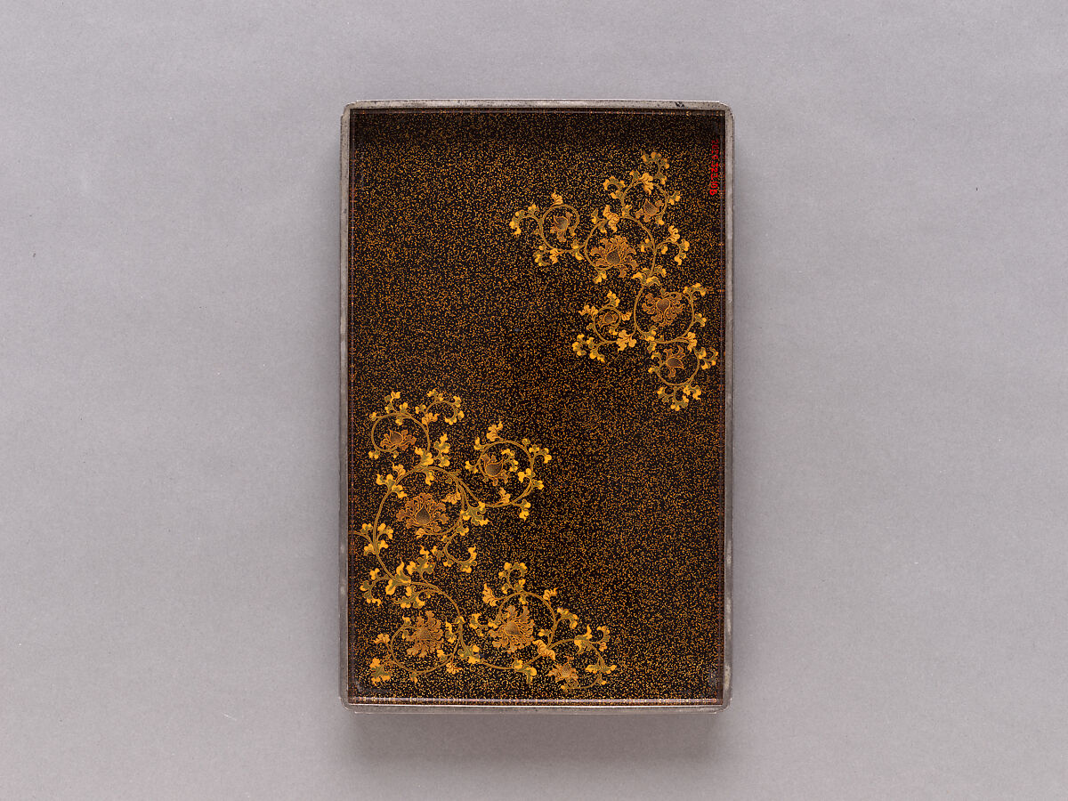 Writing Box with Matching Poem Card Box, Gold and silver makie with colored lacquers and silver inlay on black lacquer, Japan