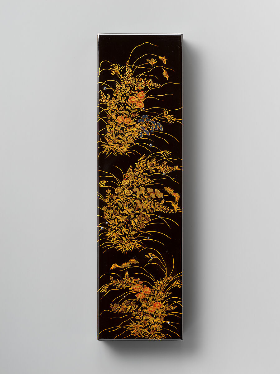 Writing Box with Matching Poem Card Box, Gold and silver makie with colored lacquers and silver inlay on black lacquer, Japan