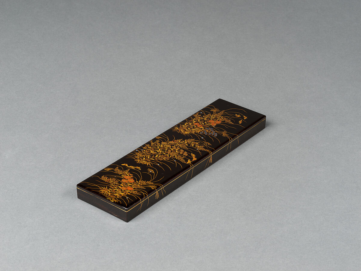 Writing Box with Matching Poem Card Box, Gold and silver makie with colored lacquers and silver inlay on black lacquer, Japan