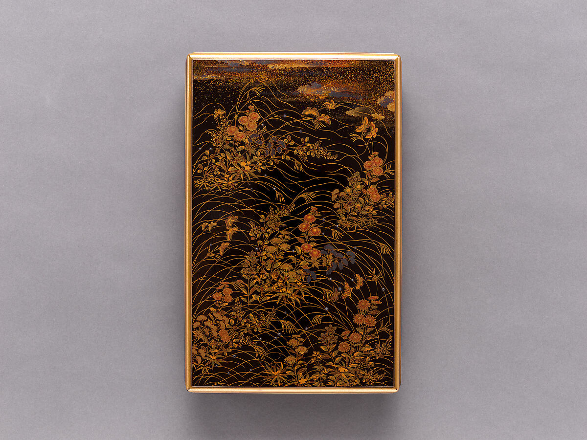 Writing Box with Matching Poem Card Box, Gold and silver makie with colored lacquers and silver inlay on black lacquer, Japan