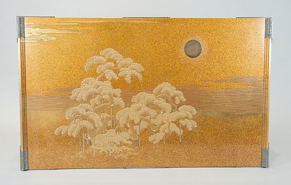 Writing Box (Suzuribako) and Writing Table (Bundai) with Pines at Takasago and Sumiyoshi, Yukio Yukio II (Japanese, 1860–1929), Lacquered wood with gold, silver takamaki-e, hiramaki-e, cut-out gold foil on nashiji ground, silver inlay, silver fittings, Japan