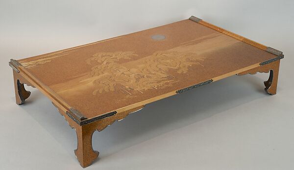 Writing Box (Suzuribako) and Writing Table (Bundai) with Pines at Takasago and Sumiyoshi, Yukio Yukio II (Japanese, 1860–1929), Lacquered wood with gold, silver takamaki-e, hiramaki-e, cut-out gold foil on nashiji ground, silver inlay, silver fittings, Japan