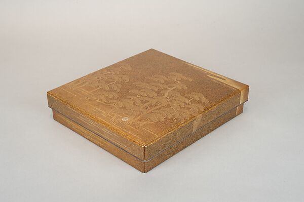 Writing Box (Suzuribako) and Writing Table (Bundai) with Pines at Takasago and Sumiyoshi, Yukio Yukio II (Japanese, 1860–1929), Lacquered wood with gold, silver takamaki-e, hiramaki-e, cut-out gold foil on nashiji ground, silver inlay, silver fittings, Japan