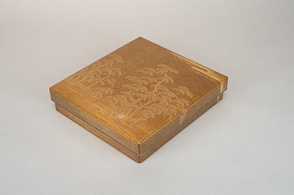 Writing Box (Suzuribako) and Writing Table (Bundai) with Pines at Takasago and Sumiyoshi, Yukio Yukio II (Japanese, 1860–1929), Lacquered wood with gold, silver takamaki-e, hiramaki-e, cut-out gold foil on nashiji ground, silver inlay, silver fittings, Japan