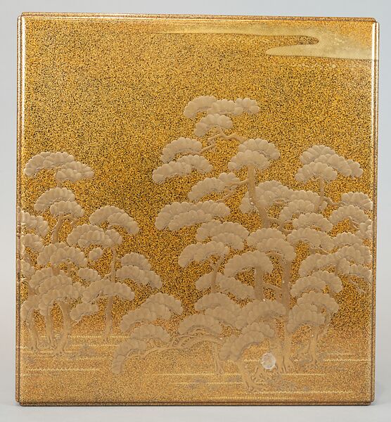 Writing Box (Suzuribako) and Writing Table (Bundai) with Pines at Takasago and Sumiyoshi, Yukio Yukio II (Japanese, 1860–1929), Lacquered wood with gold, silver takamaki-e, hiramaki-e, cut-out gold foil on nashiji ground, silver inlay, silver fittings, Japan