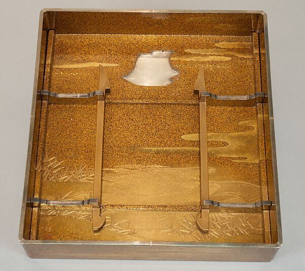 Writing Box (Suzuribako) and Writing Table (Bundai) with Pines at Takasago and Sumiyoshi, Yukio Yukio II (Japanese, 1860–1929), Lacquered wood with gold, silver takamaki-e, hiramaki-e, cut-out gold foil on nashiji ground, silver inlay, silver fittings, Japan