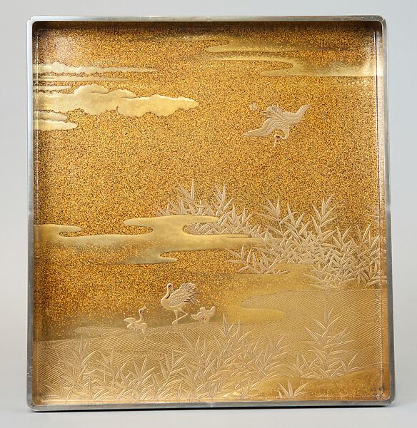 Writing Box (Suzuribako) and Writing Table (Bundai) with Pines at Takasago and Sumiyoshi, Yukio Yukio II (Japanese, 1860–1929), Lacquered wood with gold, silver takamaki-e, hiramaki-e, cut-out gold foil on nashiji ground, silver inlay, silver fittings, Japan