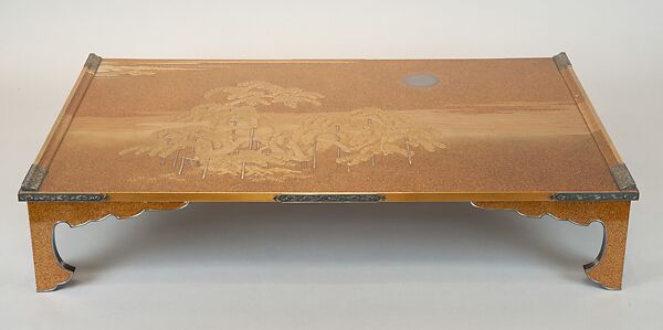 Writing Box (Suzuribako) and Writing Table (Bundai) with Pines at Takasago and Sumiyoshi, Yukio Yukio II (Japanese, 1860–1929), Lacquered wood with gold, silver takamaki-e, hiramaki-e, cut-out gold foil on nashiji ground, silver inlay, silver fittings, Japan