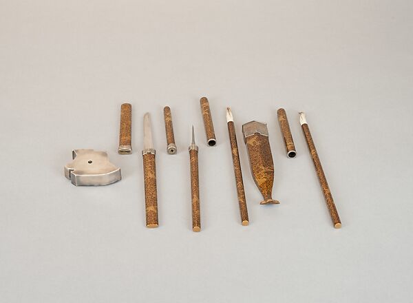 Writing Box (Suzuribako) and Writing Table (Bundai) with Pines at Takasago and Sumiyoshi, Yukio Yukio II (Japanese, 1860–1929), Lacquered wood with gold, silver takamaki-e, hiramaki-e, cut-out gold foil on nashiji ground, silver inlay, silver fittings, Japan