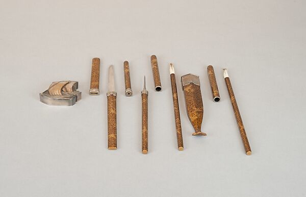 Writing Box (Suzuribako) and Writing Table (Bundai) with Pines at Takasago and Sumiyoshi, Yukio Yukio II (Japanese, 1860–1929), Lacquered wood with gold, silver takamaki-e, hiramaki-e, cut-out gold foil on nashiji ground, silver inlay, silver fittings, Japan