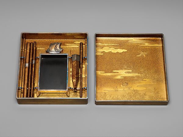 Writing Box (Suzuribako) and Writing Table (Bundai) with Pines at Takasago and Sumiyoshi, Yukio Yukio II (Japanese, 1860–1929), Lacquered wood with gold, silver takamaki-e, hiramaki-e, cut-out gold foil on nashiji ground, silver inlay, silver fittings, Japan